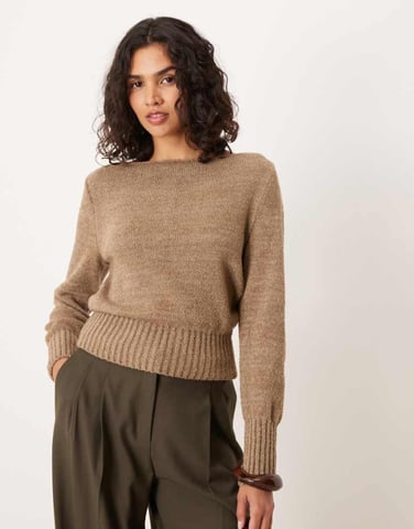 ASOS DESIGN knitted slash neck waisted jumper in mocha