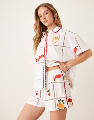 ASOS DESIGN ricrac short co-ord with summer embroidery in white