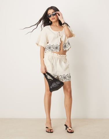ASOS DESIGN paperbag waist embroidered hem shorts co-ord in stone