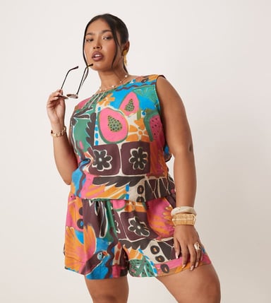 ASOS DESIGN Curve pull on shorts co-ord in carnival print