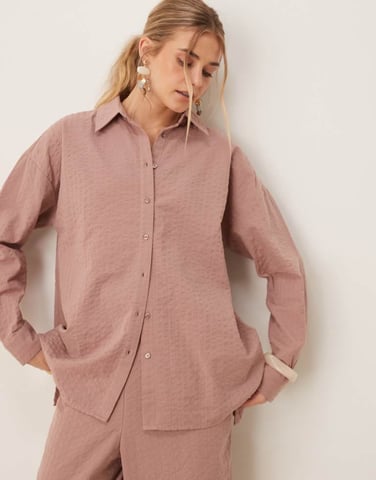 ASOS DESIGN seersucker wrap back stripe shirt co-ord in mink