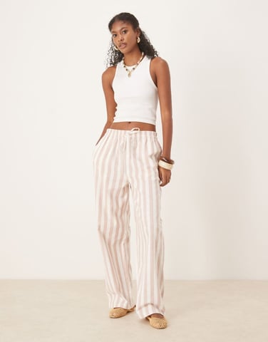ASOS DESIGN linen look pull on tapered trousers in mink stripe