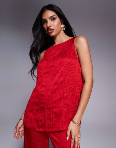 ASOS DESIGN crinkle satin boat neck tank top co-ord in cherry red