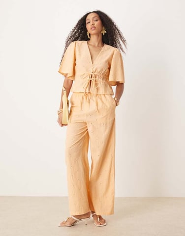 ASOS DESIGN pull on floral embroidery trousers co-ord in apricot