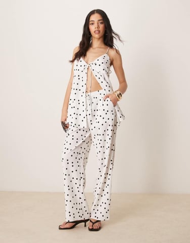 ASOS DESIGN pull on flare trousers in textured polka dot co-ord in white - WHITE