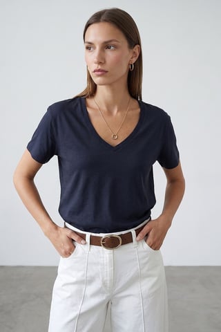 Cotton Tencel V-Neck Short-Sleeve Blouse