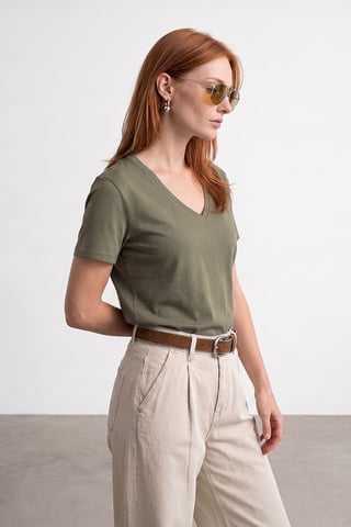 Cotton Tencel V-Neck Short-Sleeve Blouse