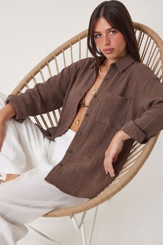 Oversized Textured Cotton Shirt with Pocket