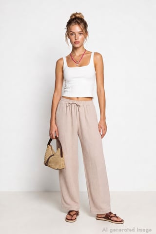 Wide Leg Drawstring Waist Pants with Binding Detail