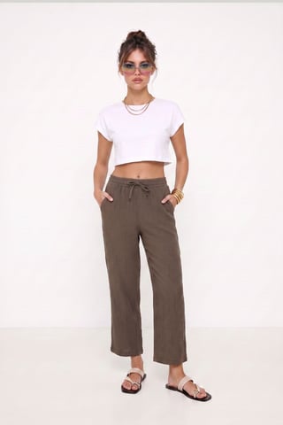 Wide Leg Drawstring Waist Pants with Binding Detail