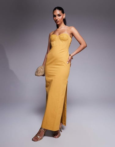 ASOS DESIGN cotton twill corset midi with embroidered bust detail in mustard