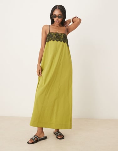 ASOS DESIGN lace overlay midi cami dress in olive