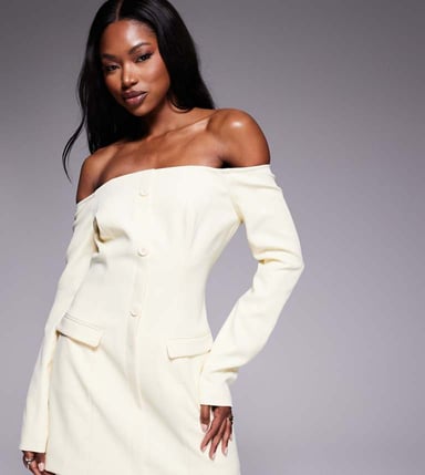 Kaiia exclusive bardot tailored button front pocket detail mini dress in lemon