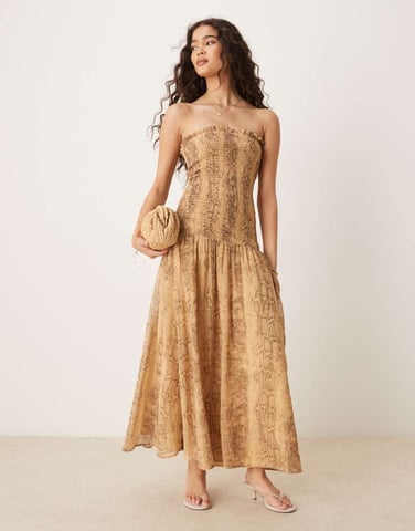 ASOS DESIGN shirred chiffong klänning med drop waist i ormskinnsmönster