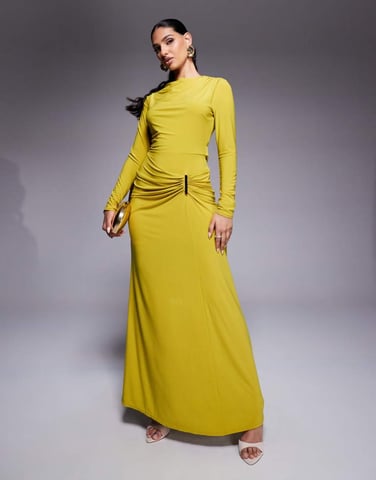 ASOS DESIGN long sleeve drape maxi dress with hitched skirt and trim in lime