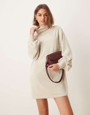 ASOS DESIGN chunky kord rullkrage slouchy mini klänning i sten