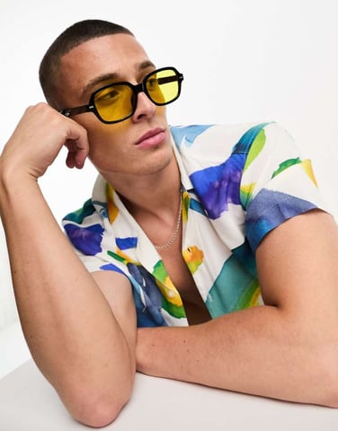 Jack & Jones retro rectangle sunglasses with yellow lenses in black
