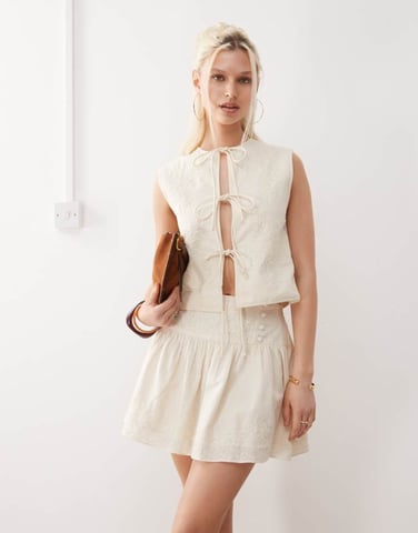 Reclaimed Vintage Limited Edition mini skirt with dropped waist and pearl embroidery co-ord