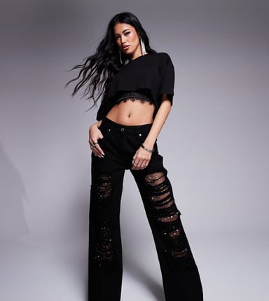 ASOS X THE SOURCED COLLECTION baggy jean with diamante lace and rips in black