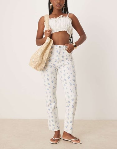 ASOS DESIGN mid rise straight jeans in floral print