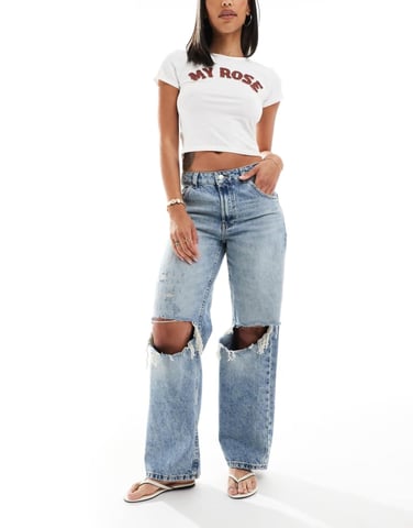 ASOS DESIGN low rise baggy jeans with rips in light mid blue