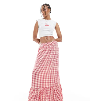 Vero Moda Tall tiered hem maxi skirt in red gingham print