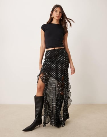ASOS DESIGN chiffong maxikjol med volangdetaljer i monospot
