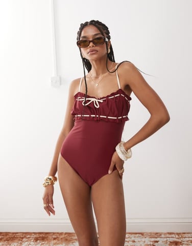 Miss Selfridge ruched contrast detail swimsuit in burgundy with cream contrast