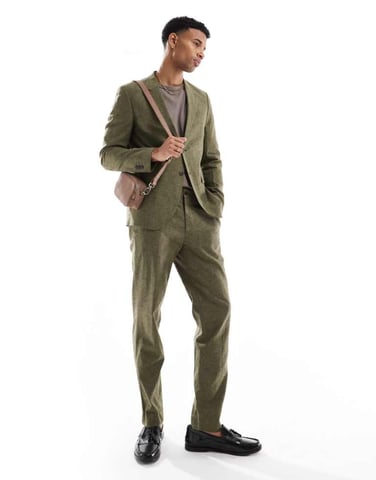 Jack & Jones Premium linen mix suit trouser in olive green