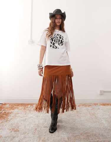 Miss Selfridge festival suedette fringe skirt in tan