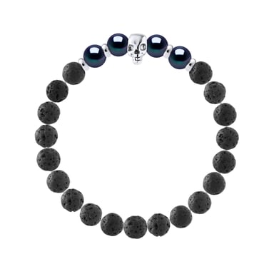 SKULL Bracelet - 4 Genuine Semi-Round Freshwater Pearls 8-9 mm - BLACK TAHITI Color - and