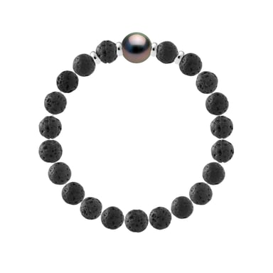 Tahitian Bracelet Natural Lava Stone - Genuine Round Tahitian Cultured Pearl 10-11 mm - 4 Silver