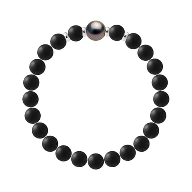 Tahitian Bracelet Matte Black Agate - Genuine Round Tahitian Cultured Pearl 10-11 mm - 4 Silver