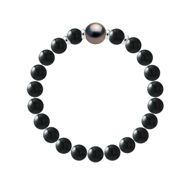 TAHITIAN BLACK ONYX BRACELET - Genuine Round Tahitian Cultured Pearl 10-11 mm - 4 Silver 925
