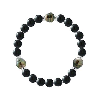TAHITIAN BLACK ONYX Bracelet - 3 Genuine Tahitian Cultured Pearls 8-9 mm - 6 Silver 925