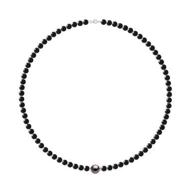Tahitian Necklace Black Obsidian - Genuine Round Tahitian Cultured Pearl 10 mm - Silver 925 Millegrain