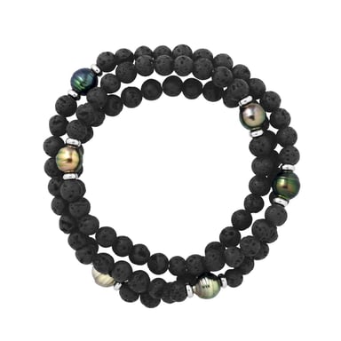 Tahitian Bracelet Triple Natural Lava Stone - 6 Genuine Tahitian Cultured Pearls Encircled 8-9 mm