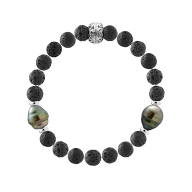 Tahitian Bracelet Natural Lava Stone - 2 Genuine Tahitian Cultured Pearls 9-10 mm + Solid Silver