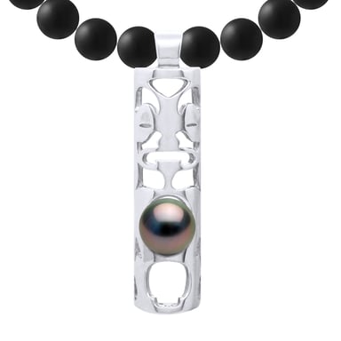 MATTE BLACK AGATE Necklace 6 mm Round with TIKI Pendant Tahitian Pearl 8-9 mm Round