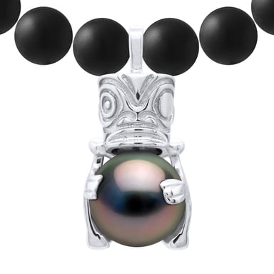 MATTE BLACK AGATE Necklace 6 mm Round with TIKI Pendant Tahitian Pearl Round 9-10 mm