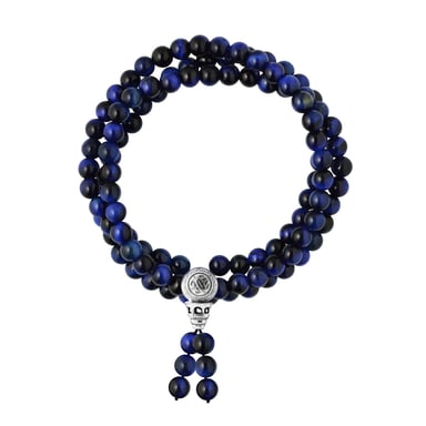 Tibetan Triple Row Bracelet - Protection Power - Genuine Blue Tiger Eye (Hawk Eye) - Solid