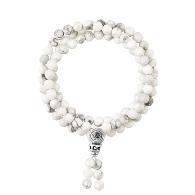 Tibetan Triple Row Bracelet - Concentration Power - Genuine White Howlite - Rhodium-Plated Solid 925 Silver