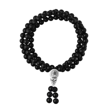 Tibetan Triple Row Bracelet - POWER OF LIBERATION - Genuine MATTE BLACK AGATE - Rhodium-Plated Solid