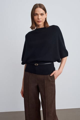 Belted Boat Neck Knit Sweater