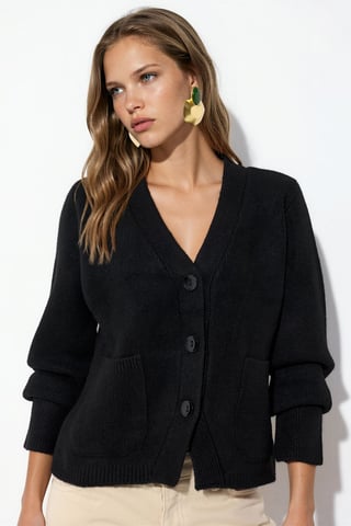 Women's Ribbed V-neck Button Cardigan