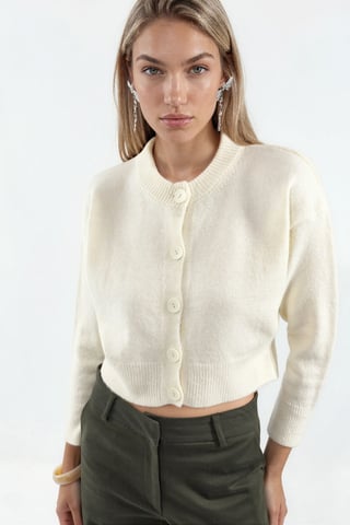 Crop Ribbed Cardigan With Buttons