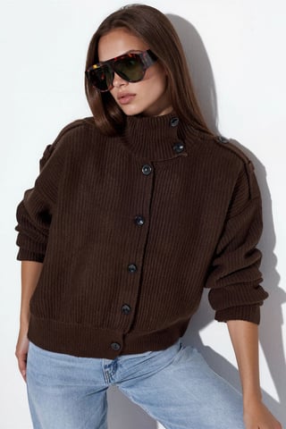 Ribbed Half-Turtleneck Button Cardigan