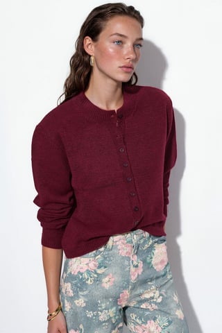 Ribbed Crew Neck Button Cardigan