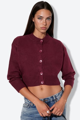 Crop Ribbed Cardigan With Buttons