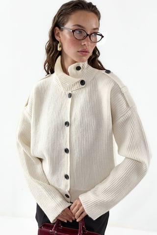 Ribbed Half-Turtleneck Button Cardigan